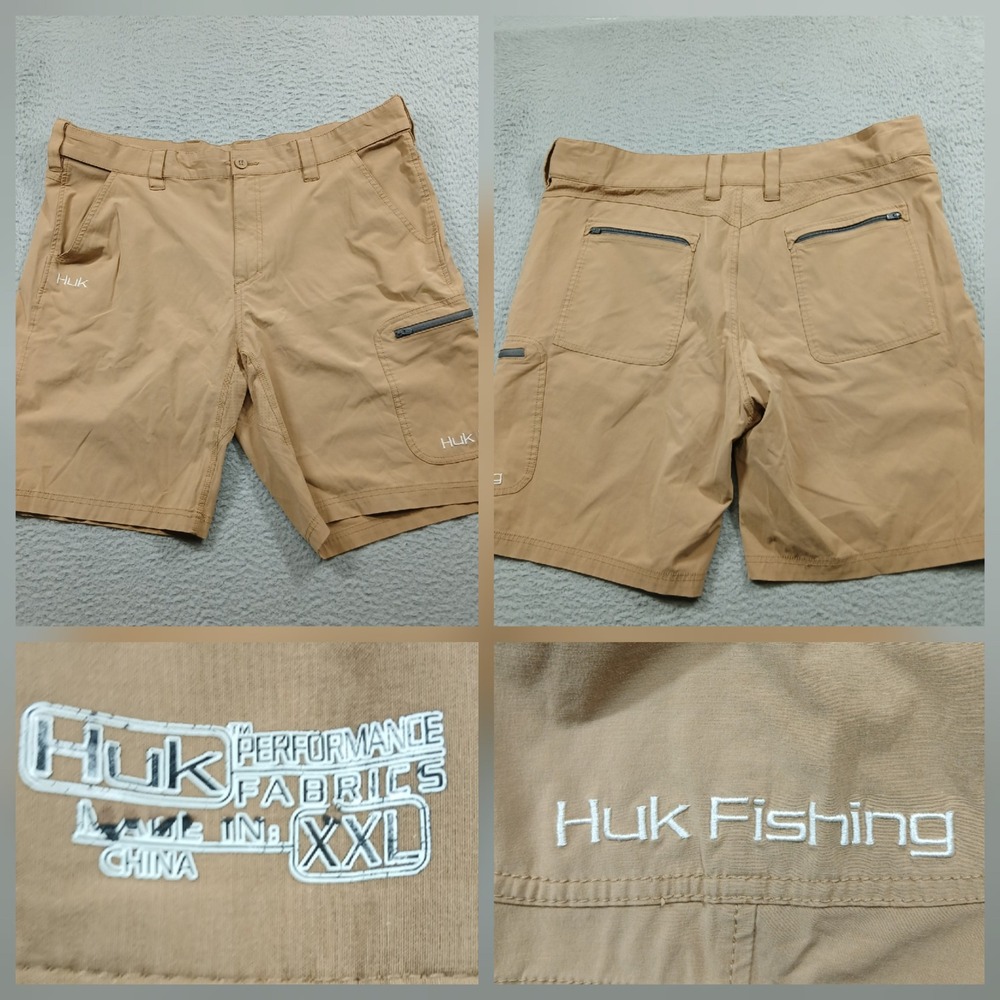 Huk Fishing Performance Shorts‎ Mens XXL Tan Khaki Cargo Pockets Outdoor